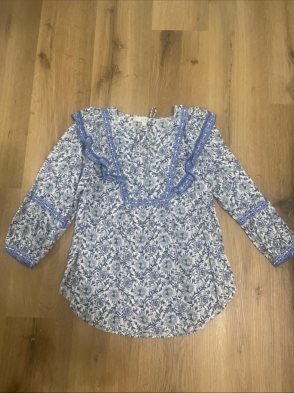 LOFT Blue and White Floral Ruffle Blouse